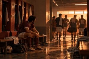 Homem de uniforme de futebol sentado sozinho no banco do vestiário enquanto os colegas de time seguem pelo corredor, representando a solidão masculina entre pares