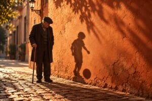 Homem idoso de boina e bengala observa, em um muro alaranjado, a sombra de um menino jogando bola, imagem da memória da infância no envelhecimento.