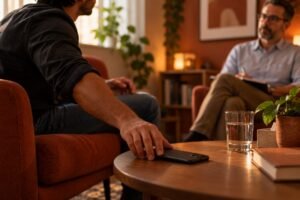 Tratamento para vício em apostas: adulto deixando o celular virado para baixo na mesa durante conversa com o psicólogo