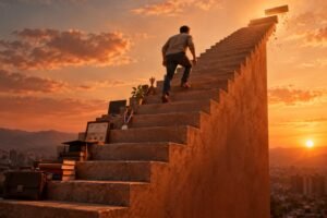 Homem sobe uma escadaria de pedra ao pôr do sol, deixando para trás diploma, medalha, troféu e livros nos degraus, enquanto o topo da escada continua distante e se desfaz.