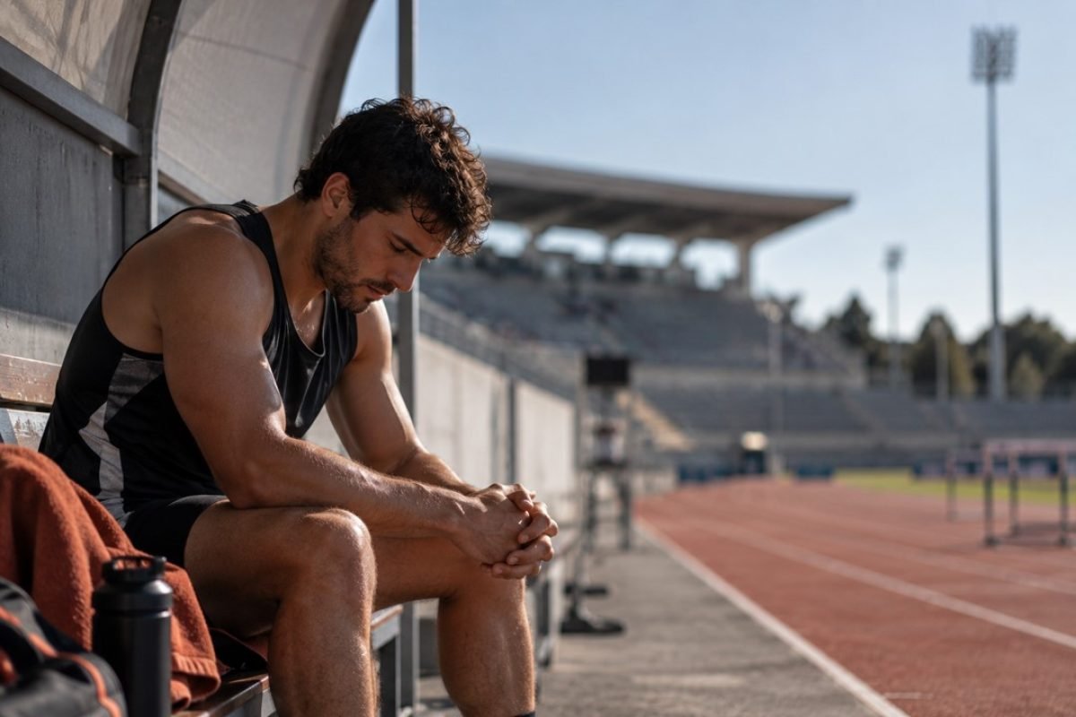Ansiedade em atletas: atleta sentado com a cabeça baixa e mãos entrelaçadas antes de competir