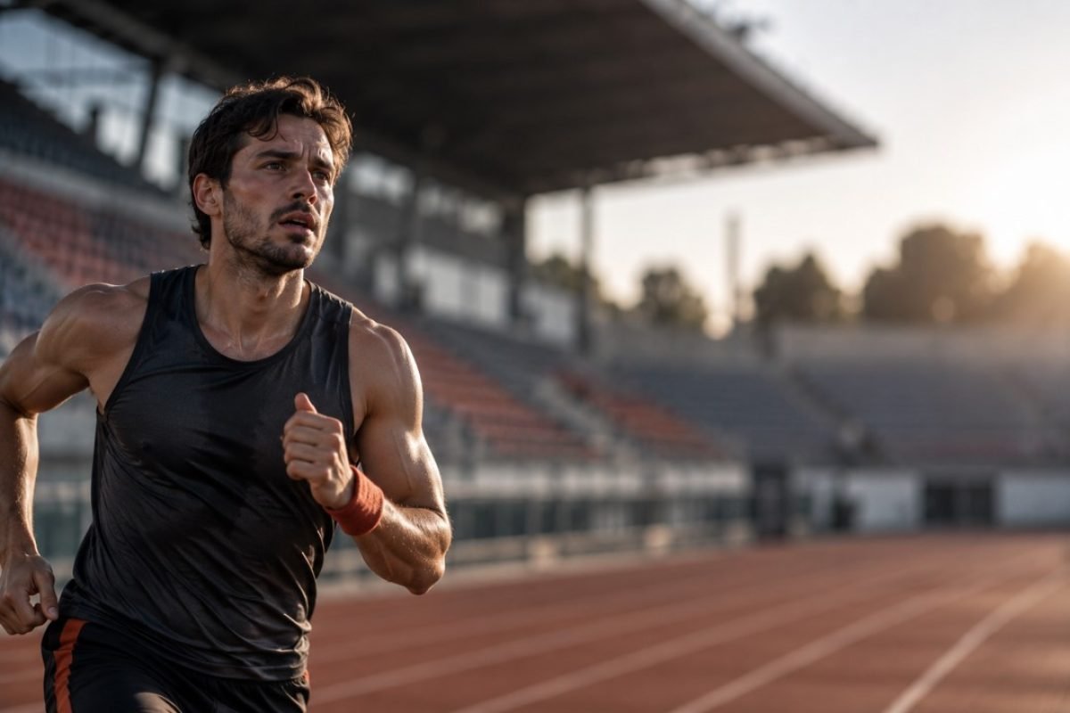 Ansiedade em atletas: atleta em movimento com expressão de tensão e olhar perdido durante a competição