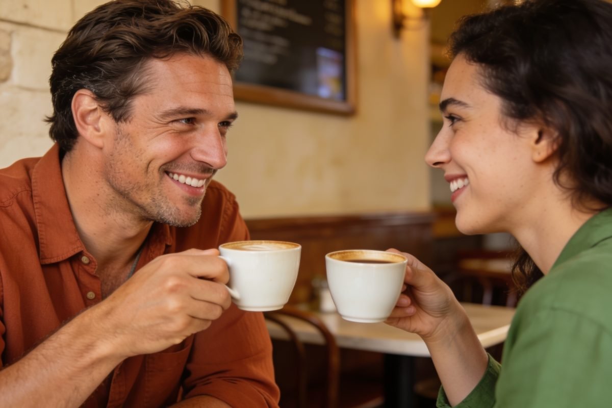 Alegria: casal sorrindo enquanto toma café em um bistrô