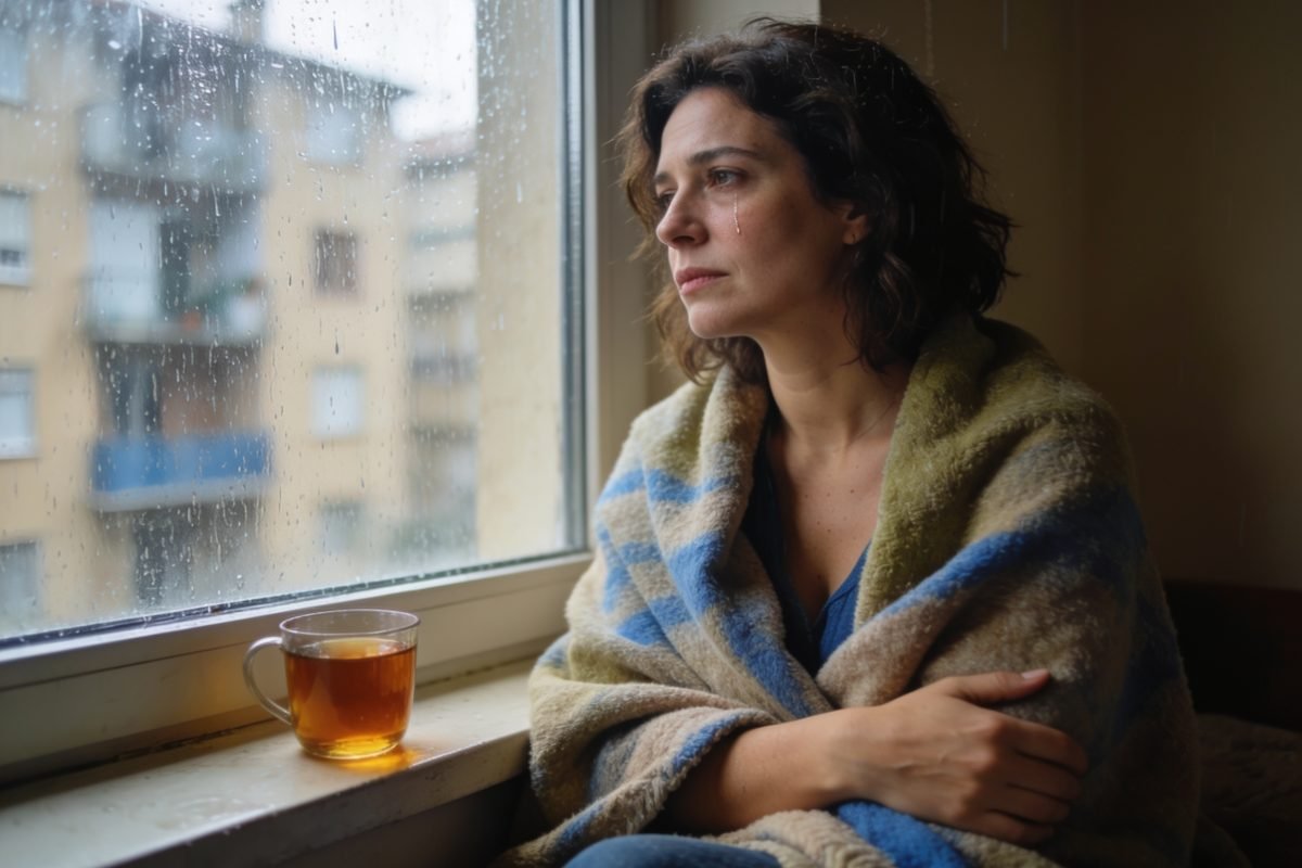 Tristeza: mulher chorando envolta em manta olhando pela janela na chuva