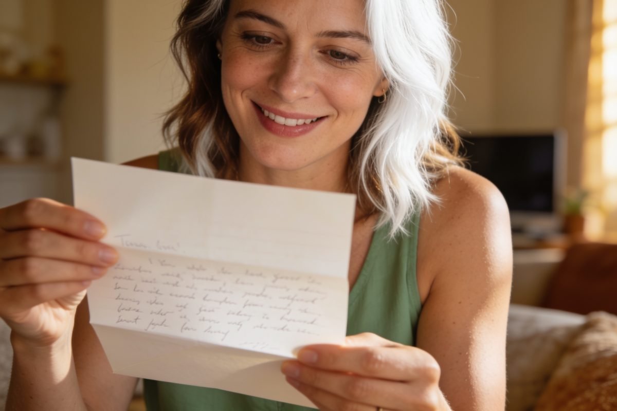 Surpresa: mulher sorrindo ao ler uma carta escrita à mão