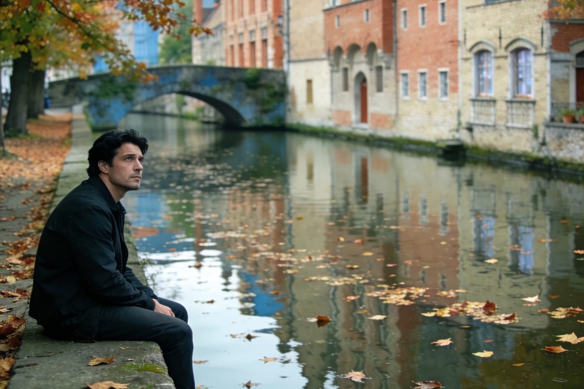 O que é ressentimento: homem sentado sozinho à beira de um canal em cidade europeia no outono, olhando para cima, pensativo