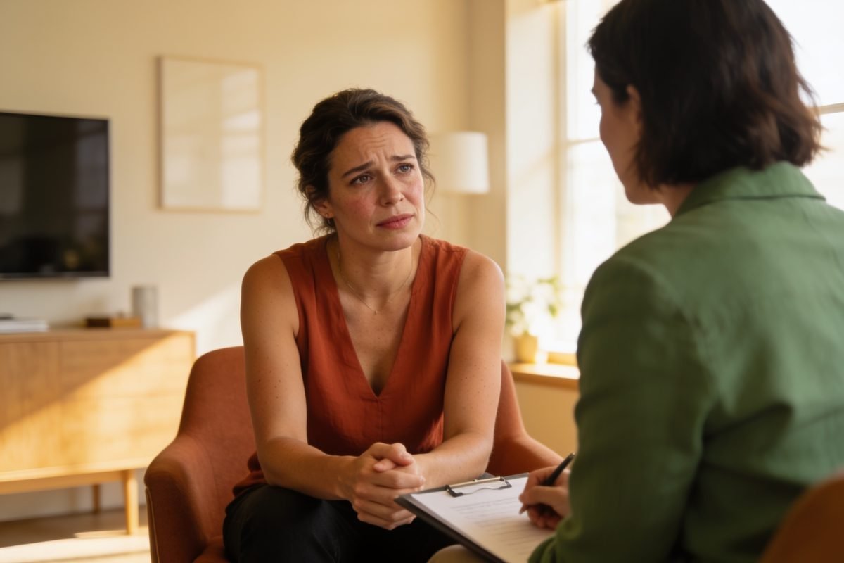 Solidão emocional: mulher com expressão angustiada durante uma conversa terapêutica, refletindo sobre a solidão emocional