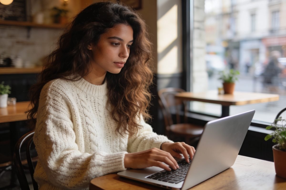 Mulher jovem trabalhando em notebook em cafeteria moderna, sentada à esquerda da composição com luz natural suave e espaço desfocado à direita.