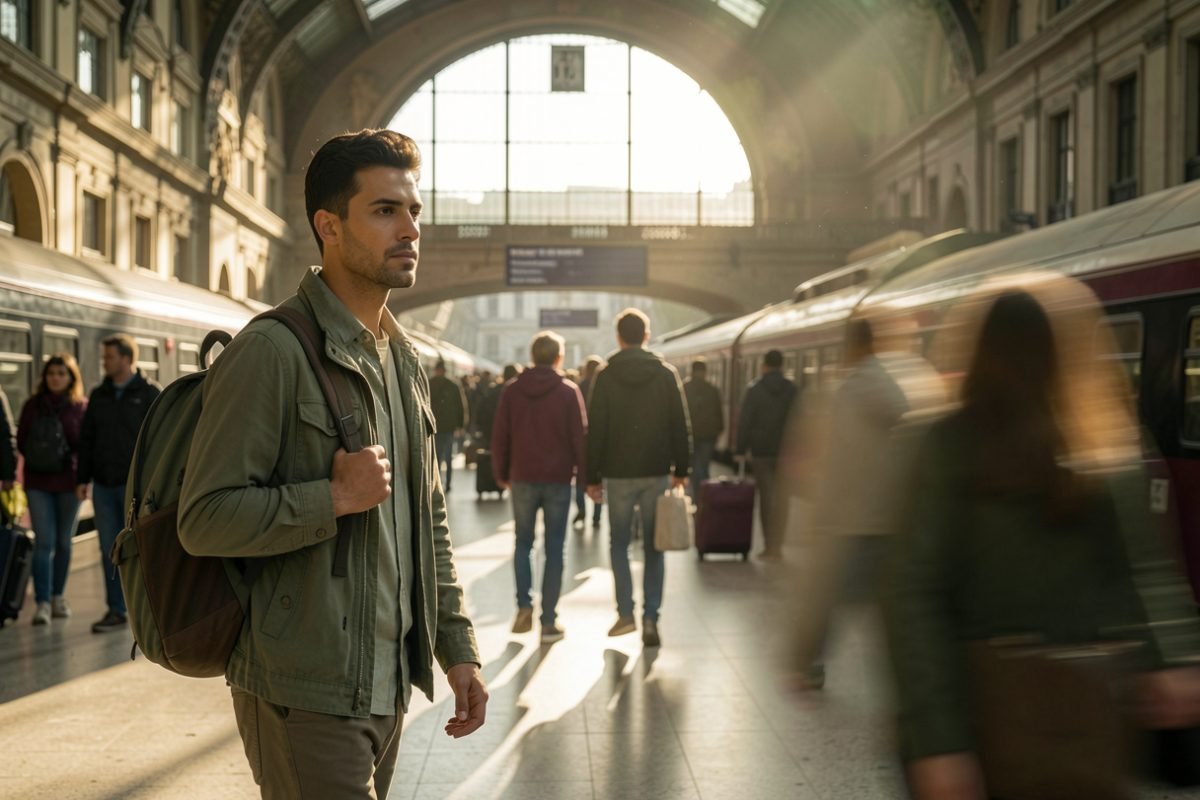 Brasileiro em estação no exterior refletindo sobre como se adaptar emocionalmente a viver em outro país