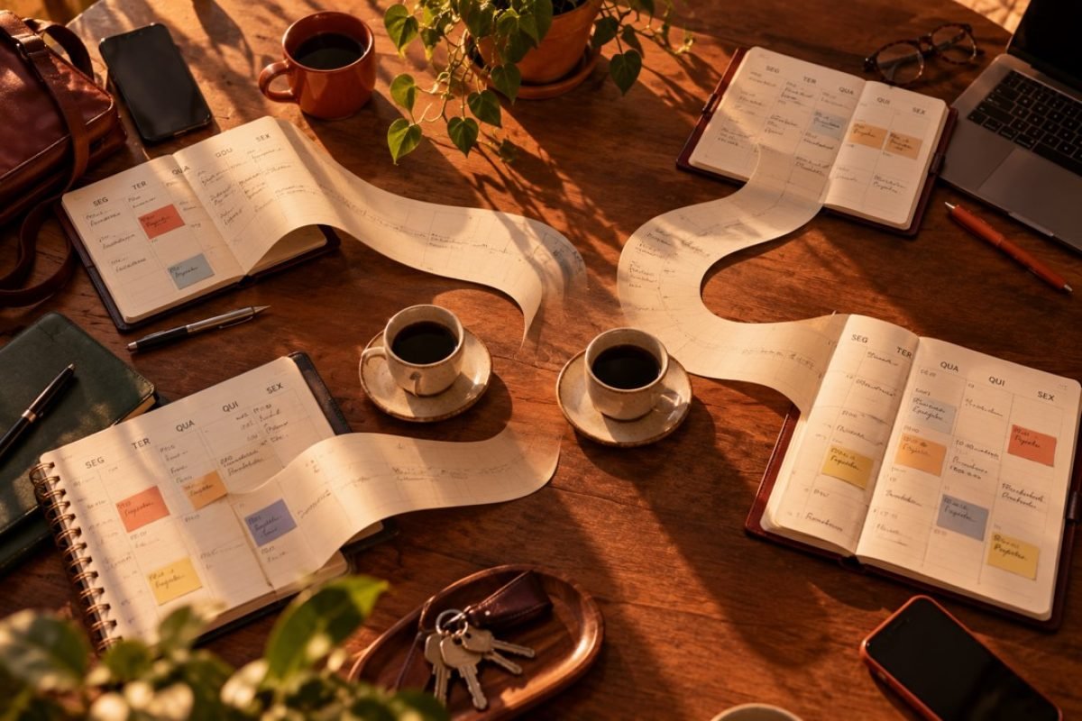Quatro agendas abertas sobre uma mesa de madeira, com páginas que se prolongam em direções diferentes, e duas xícaras de café no centro.