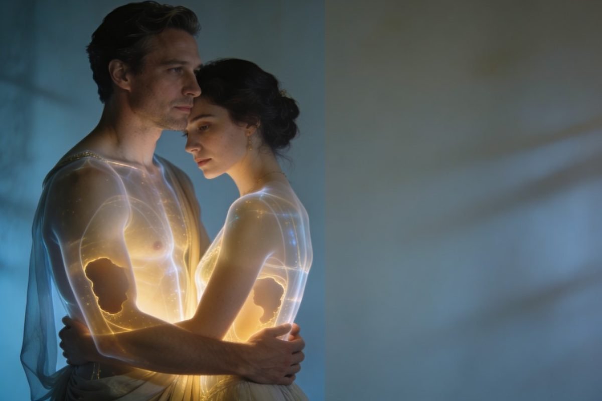 Casal com transparências simbólicas representando falta e amor