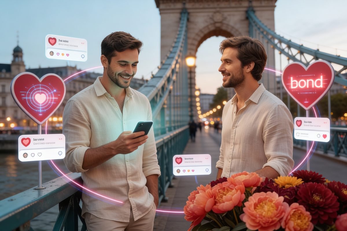 Casal homoafetivo em ponte europeia simbolizando amor nos aplicativos e vínculos digitais.