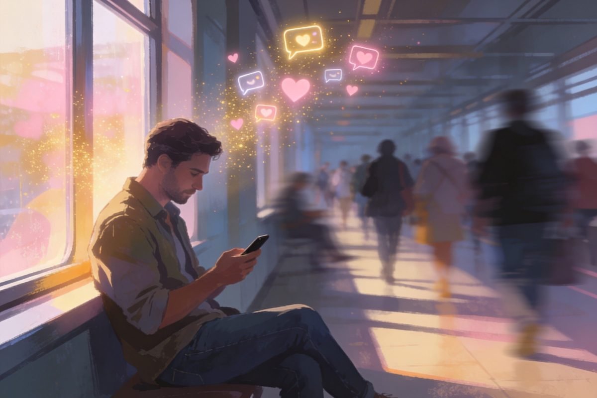 Homem no metrô olhando celular representando amor ou validação quando o match vira dependência.