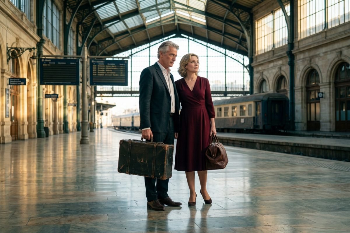 Casal heteroafetivo de 50 anos em estação europeia simbolizando amor que se transforma.