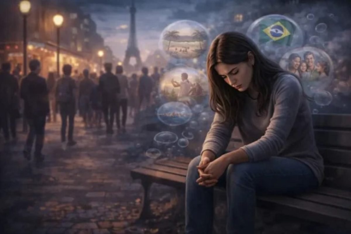 Brasileira sentada sozinha em cidade europeia à noite sentindo saudade do Brasil e sofrimento emocional enquanto vive no exterior