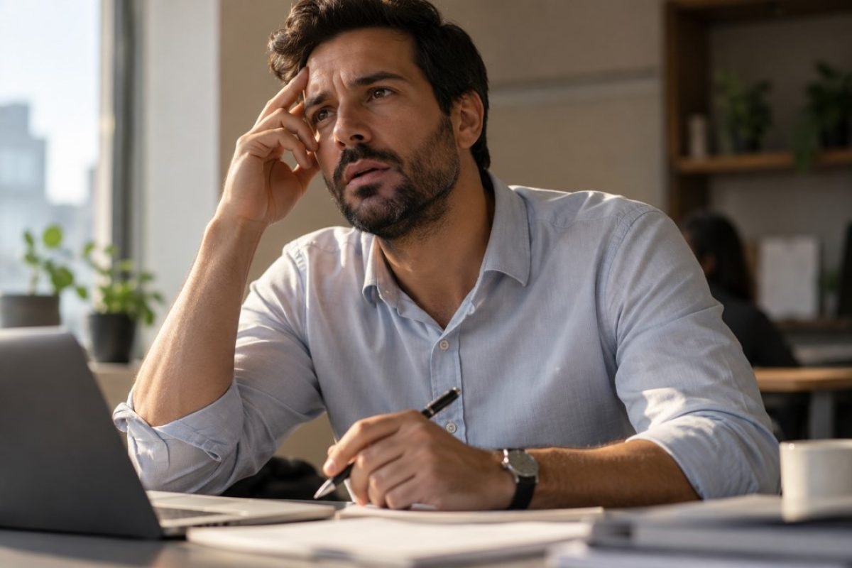 Ansiedade de desempenho: pessoa com mão parada sobre teclado ou papel, olhar vazio de bloqueio mental