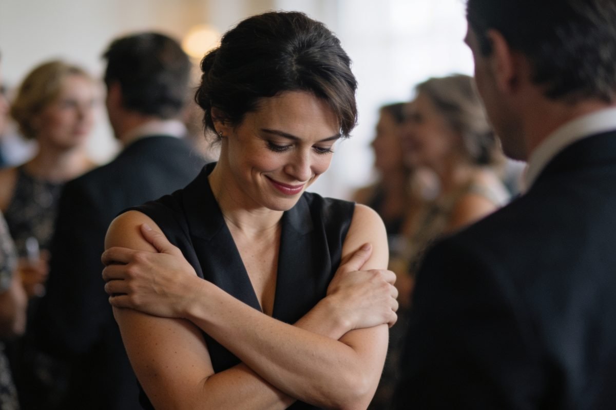 Mulher sorrindo timidamente com os braços cruzados em um evento social, cercada de pessoas ao fundo