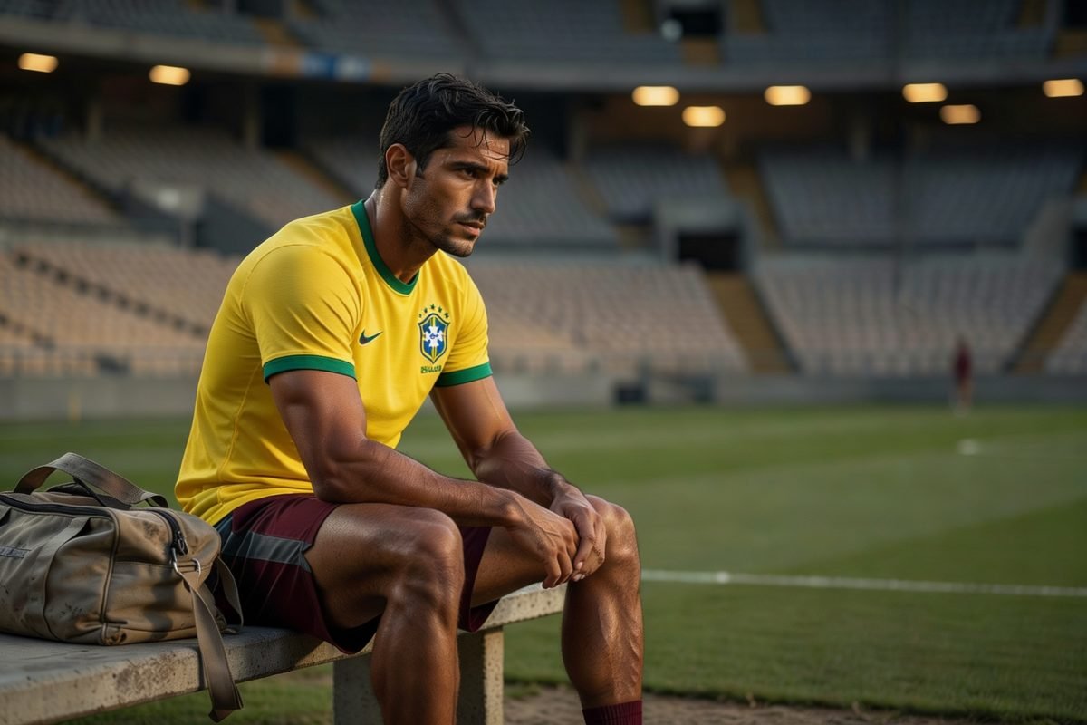Atleta brasileiro morando fora do país em estádio vazio sentindo pressão por performance e solidão no exterior