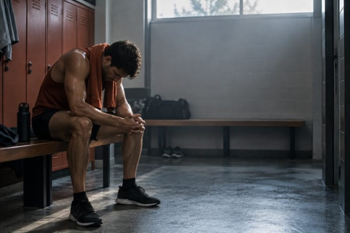 Atleta sentado no vestiário, cabeça baixa e mãos entrelaçadas, refletindo sobre autocobrança no esporte