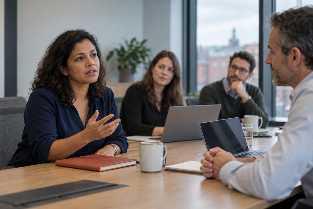 Mulher tentando se expressar em inglês numa reunião de trabalho, gesto que ilustra o impacto da autoestima e inglês na Irlanda no dia a dia profissional