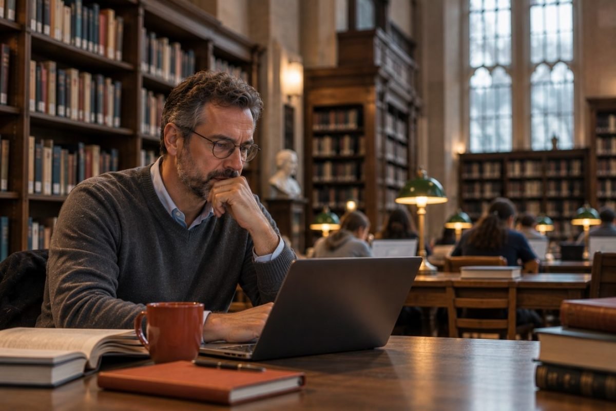 Brasileiros em Cork: homem estudando concentrado em biblioteca universitária