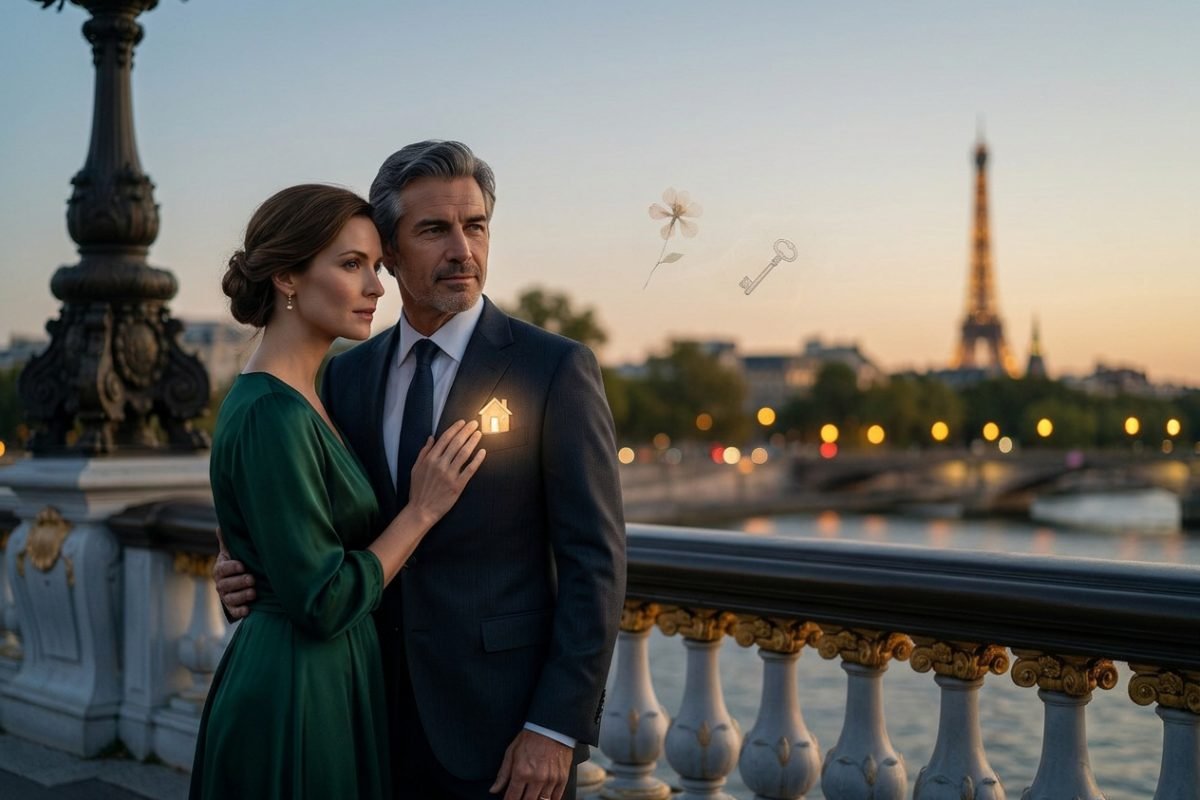 Busca por pertencimento no amor representada por casal em ponte de Paris com casa luminosa no peito.
