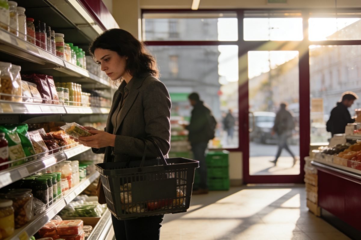 Brasileira vivendo cansaço emocional morando fora durante rotina cotidiana em supermercado estrangeiro