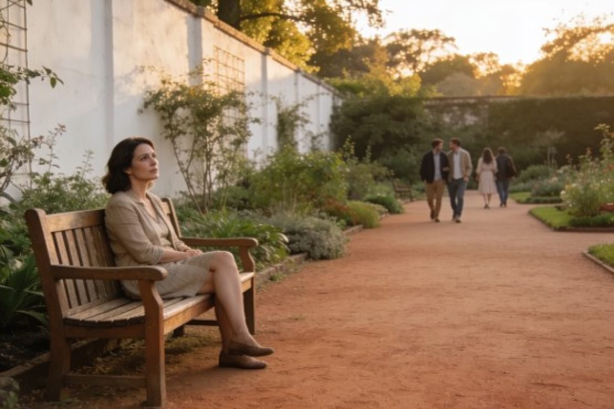 mulher sentada sozinha em um banco de jardim observando pessoas ao longe, representando a sensação de carência afetiva mesmo perto dos outros