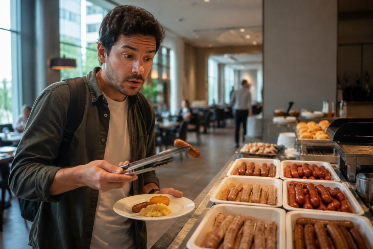Brasileiro surpreso com variedades de salsichas em café da manhã de hotel em Londres durante experiência de choque cultural