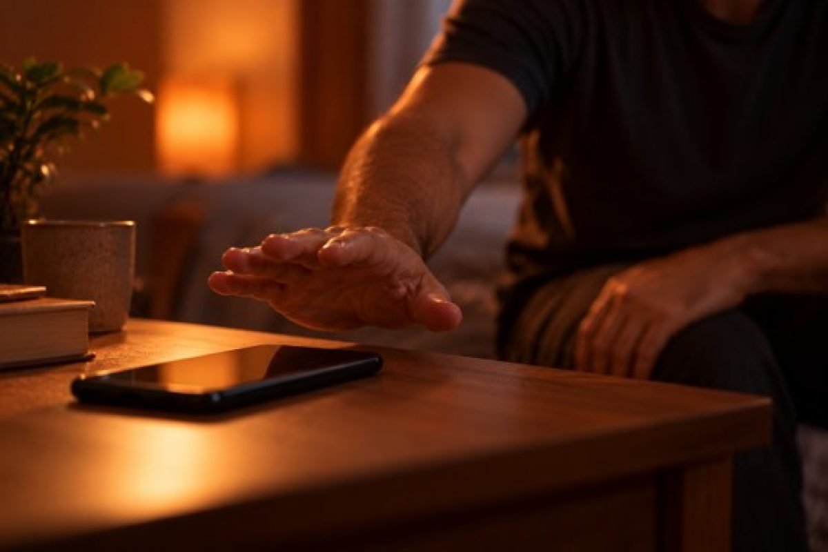 Como parar de apostar: close de uma mão suspensa sobre o celular na mesa, interrompendo o gesto de pegá-lo