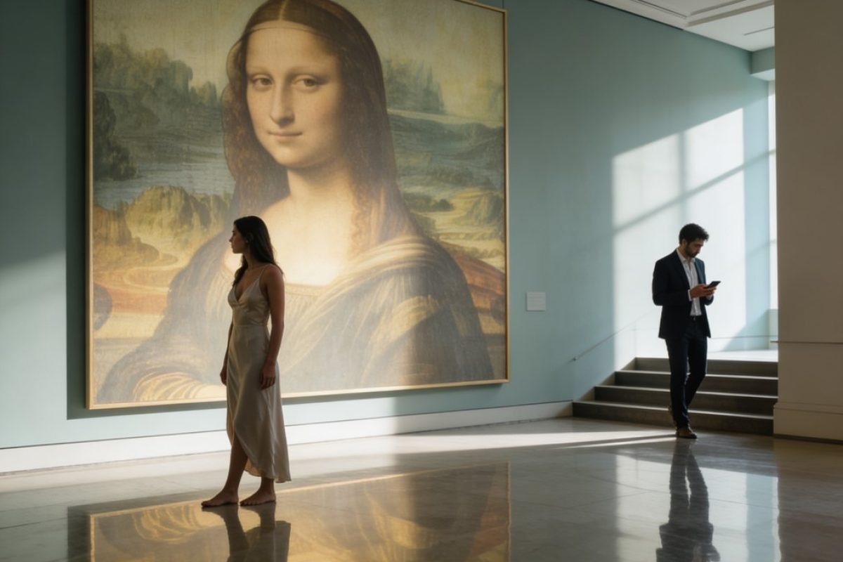 Casal em museu europeu representando comparação nos relacionamentos e sofrimento emocional.