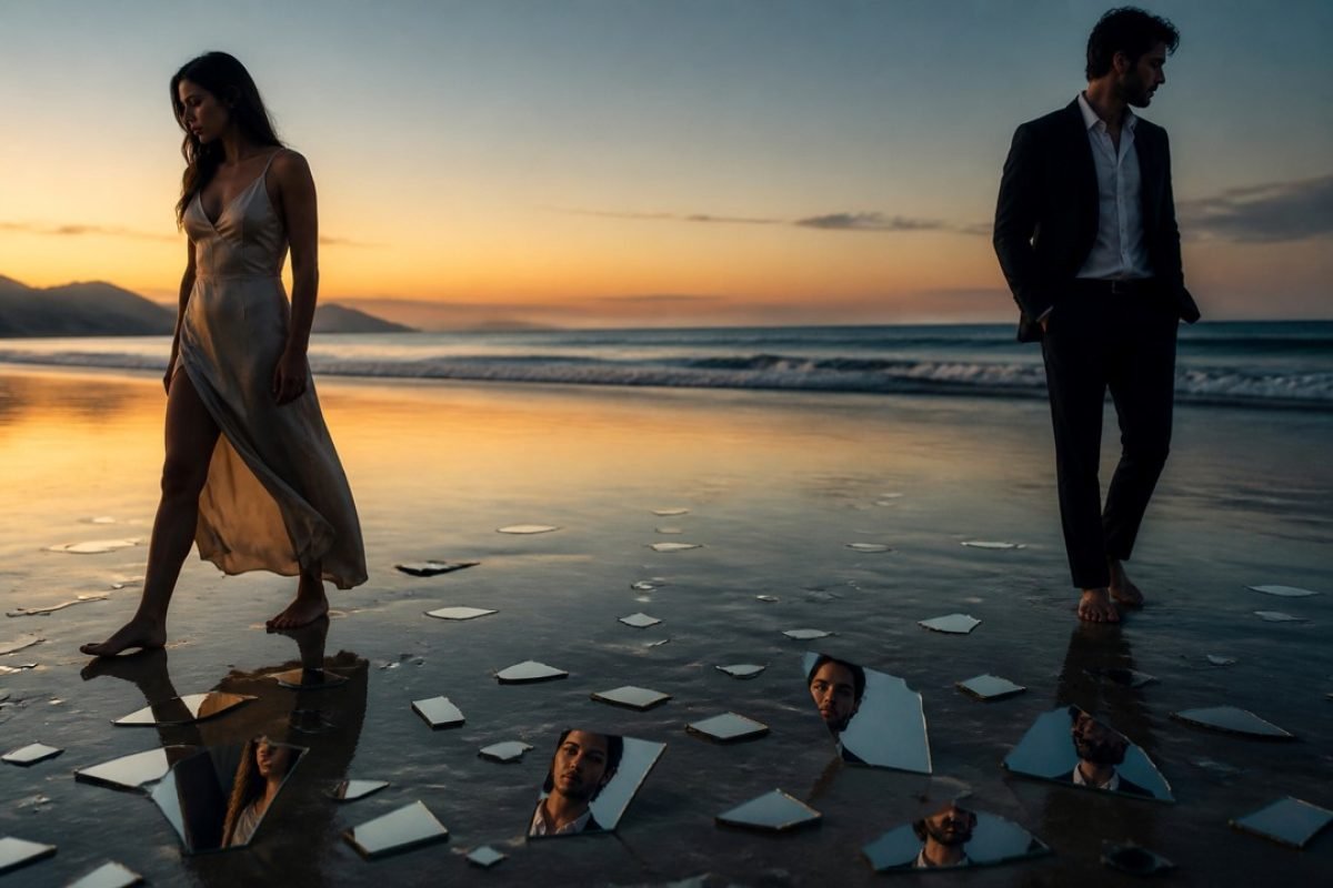 Casal na praia com espelhos na areia simbolizando comparação nos relacionamentos e sofrimento emocional.