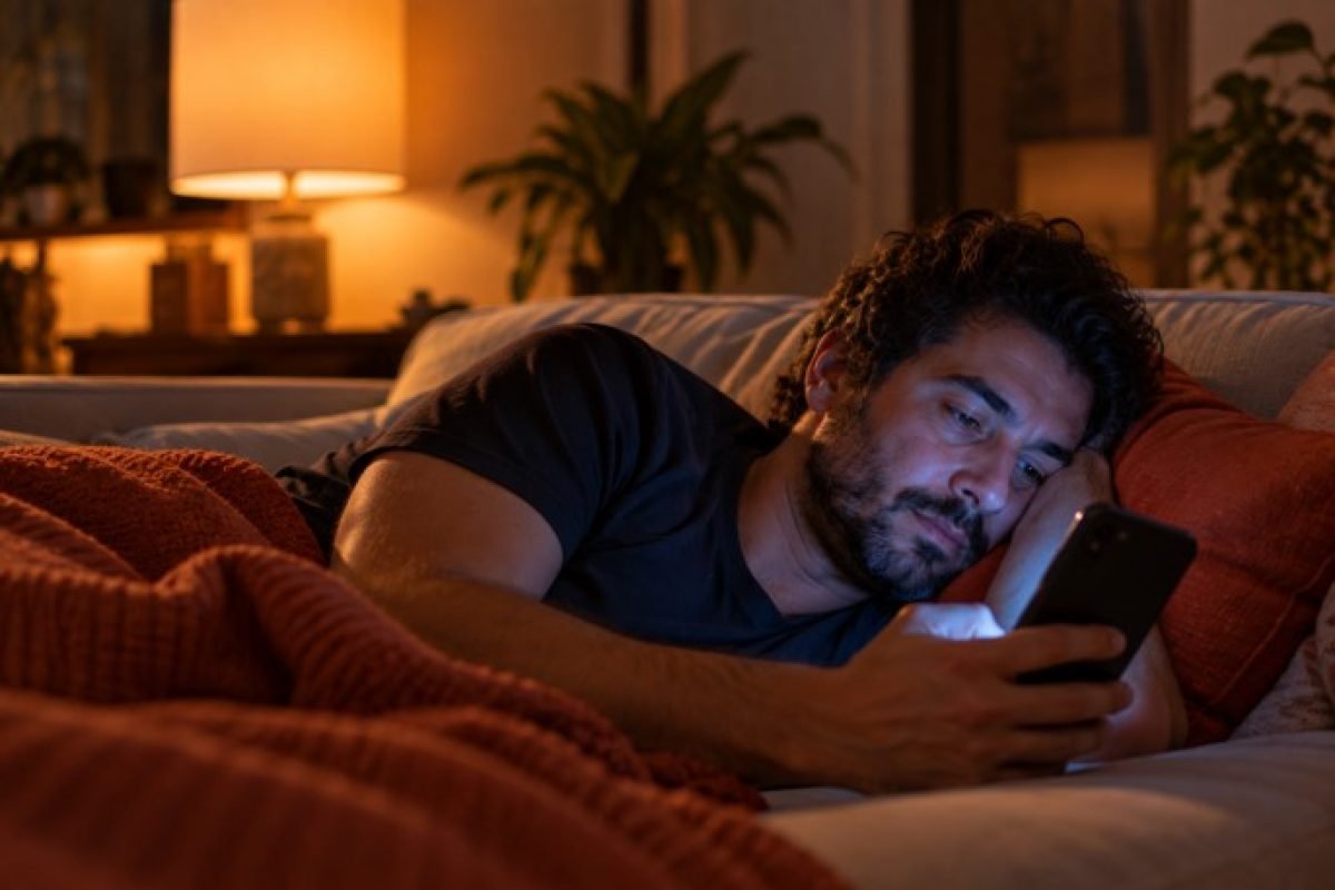 comparação social, pessoa olhando para o celular à noite com expressão cansada