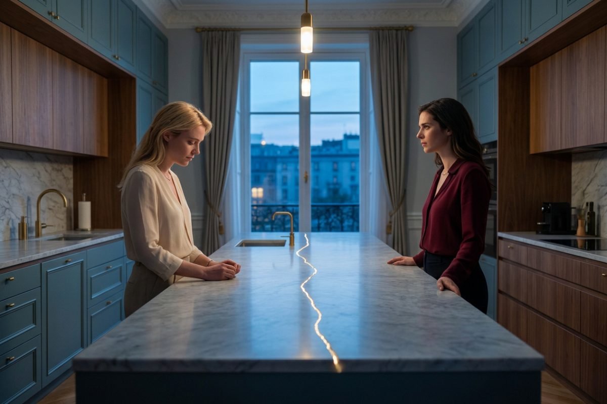 Casal lésbico em cozinha sofisticada simbolizando conflitos no relacionamento e necessidade de diálogo.