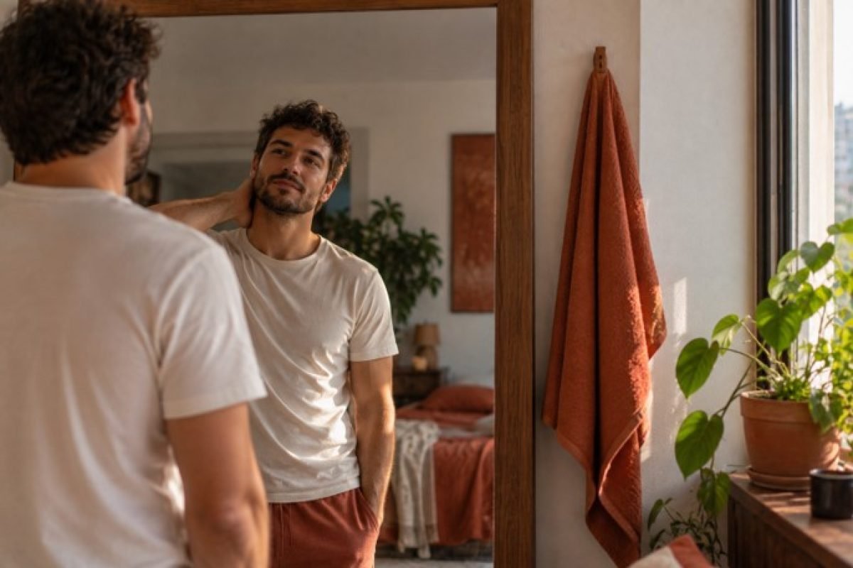 corpo desejo e autoestima, pessoa se observando no espelho com serenidade