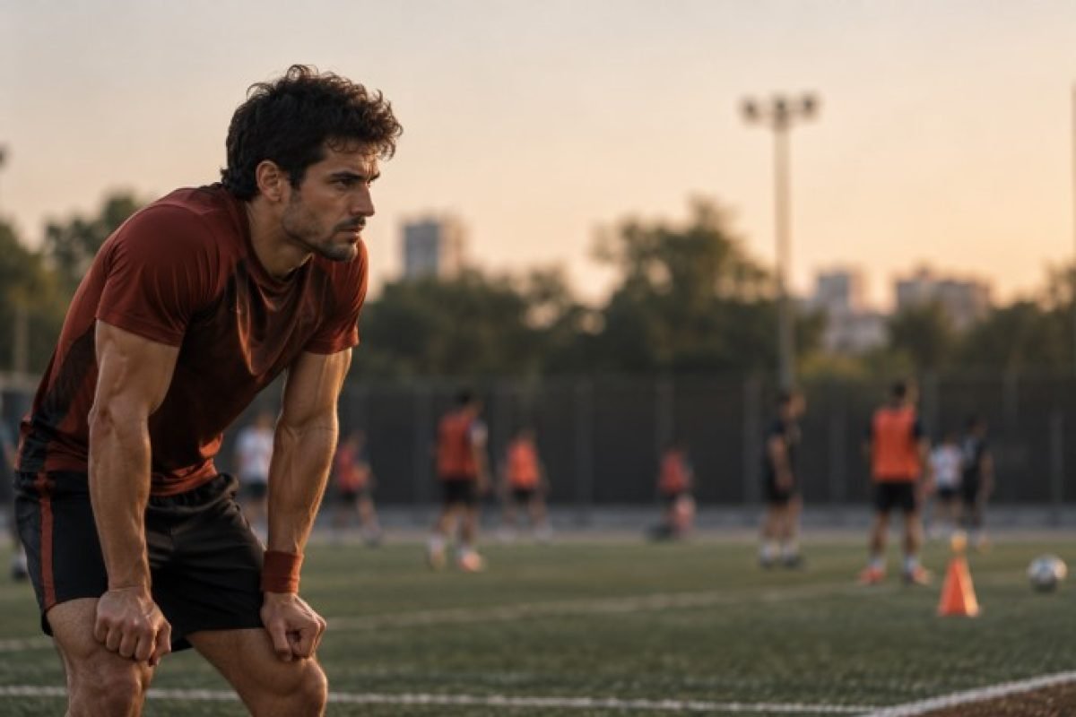 Atleta tenso em campo, corpo em estado de alerta, refletindo o medo de falhar no esporte