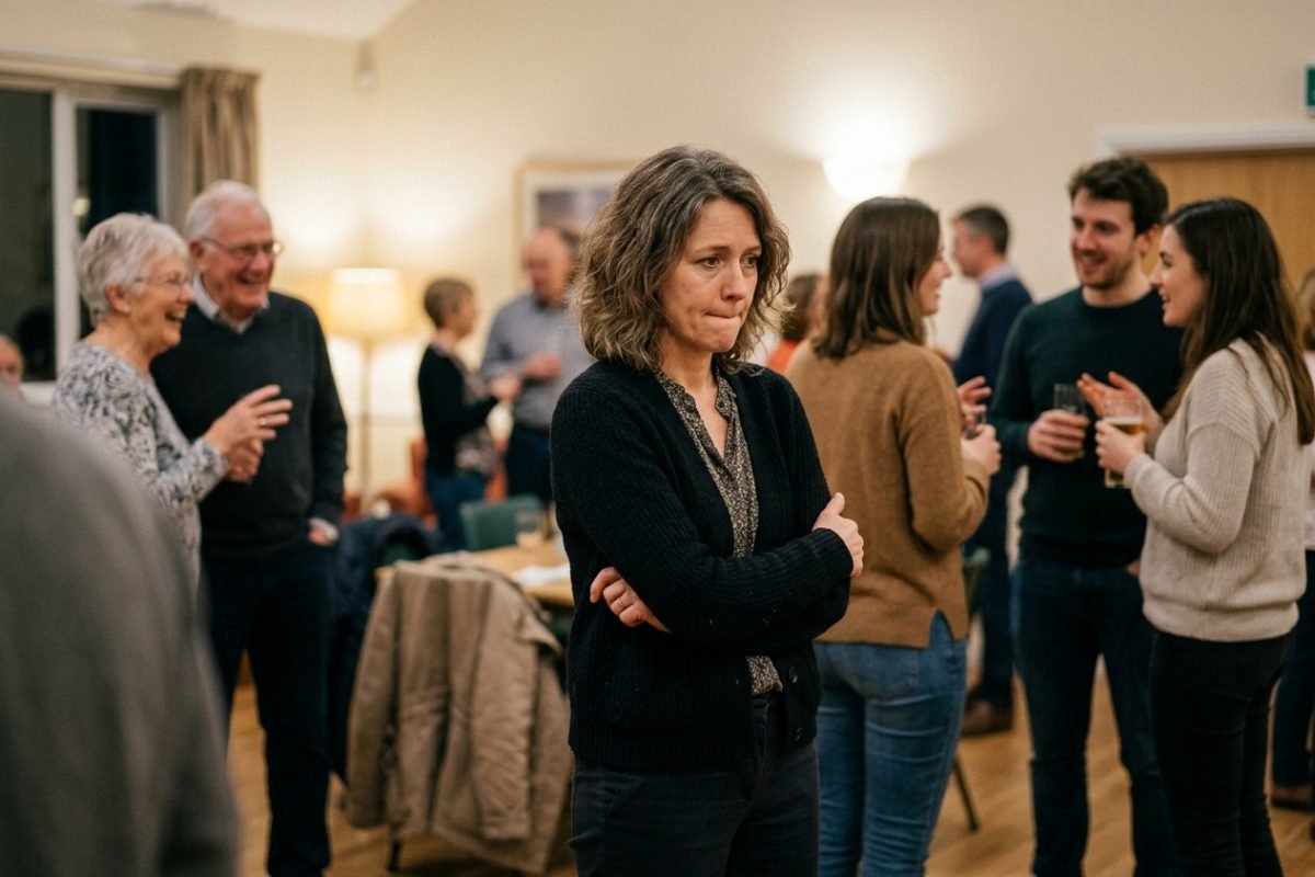 Mulher de braços cruzados e expressão tensa em uma festa, isolada em meio a um grupo de pessoas conversando