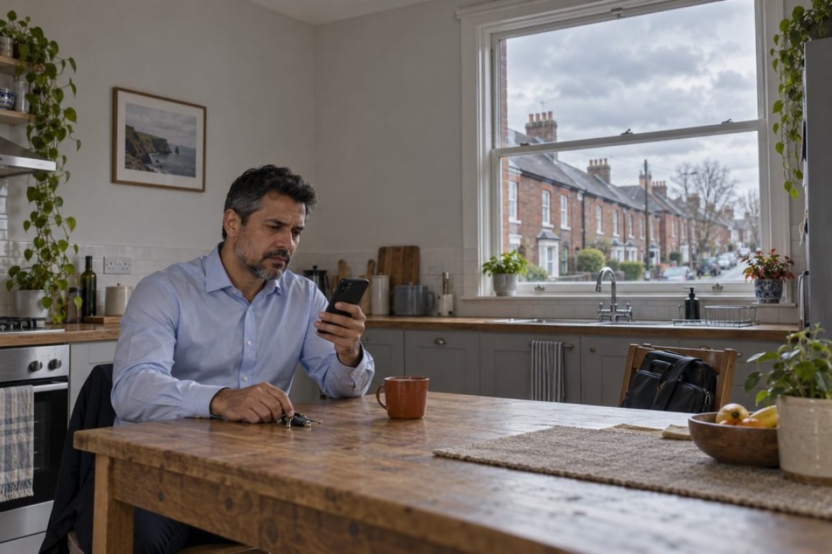Homem pronto para sair para o trabalho, olhando o celular à mesa da cozinha, cena que ilustra a culpa de estar longe da família ao esperar notícias do Brasil