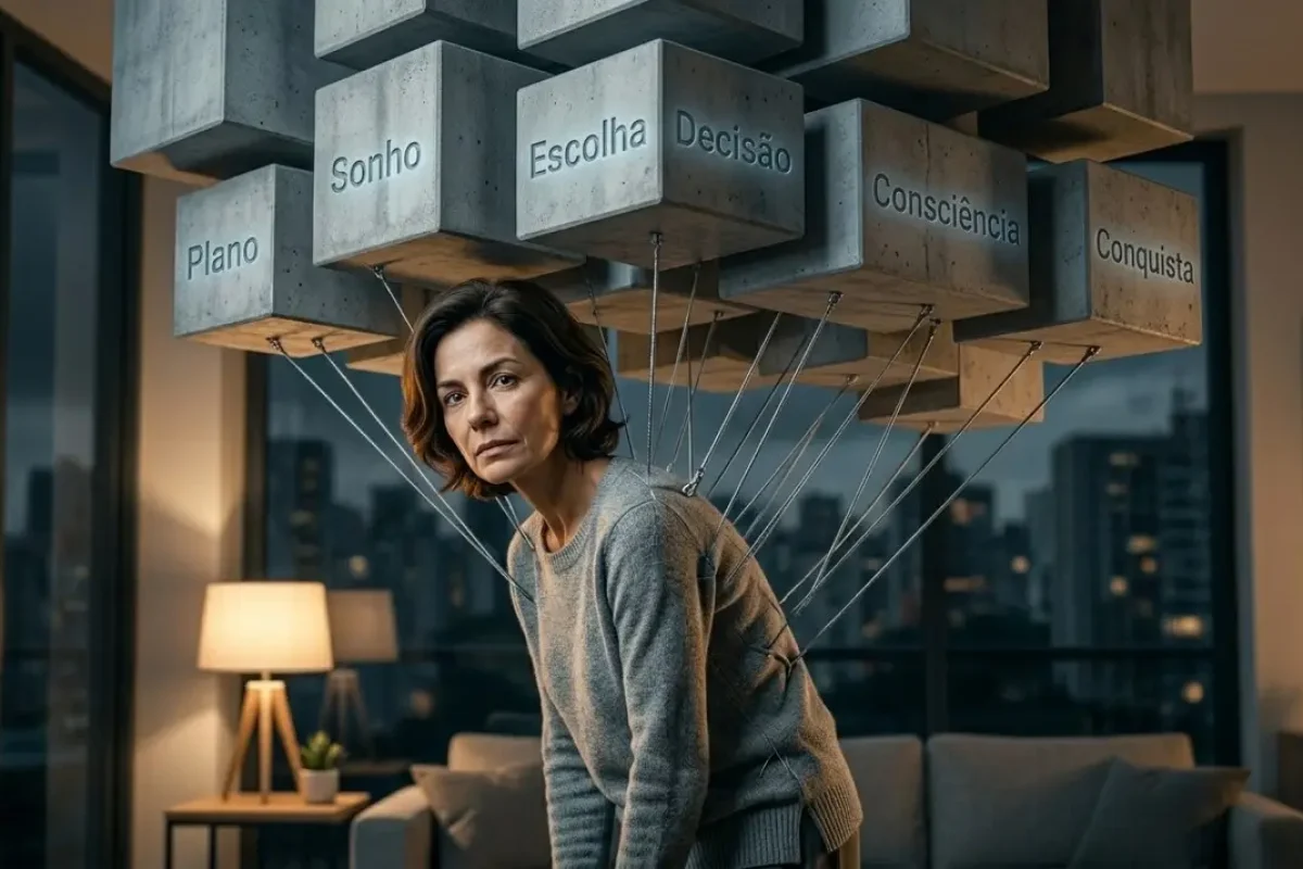 A mesma mulher madura em seu apartamento minimalista no exterior, à noite. Ela está curvada e pressionada para baixo por fios de aço tensionados que sustentam blocos de concreto geométricos acima dela, com palavras como "Plano" e "Sonho" sutilmente gravadas neles.