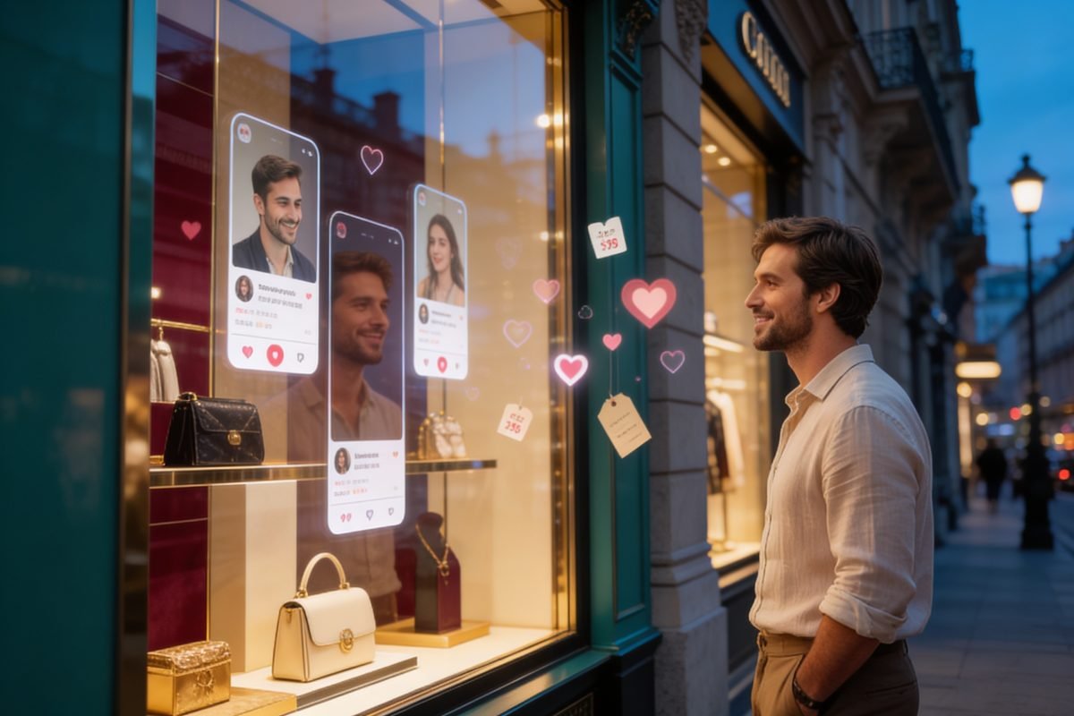 Homem diante de vitrine europeia com perfis de dating apps representando dating apps e a mercantilização dos afetos.