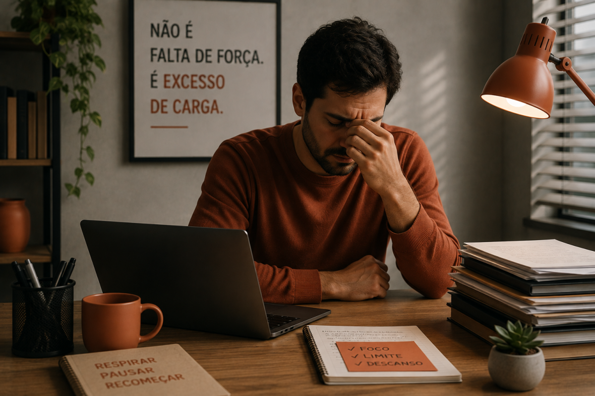 Pessoa sentada em ambiente com pouca luz, olhar distante, sinal de esvaziamento emocional