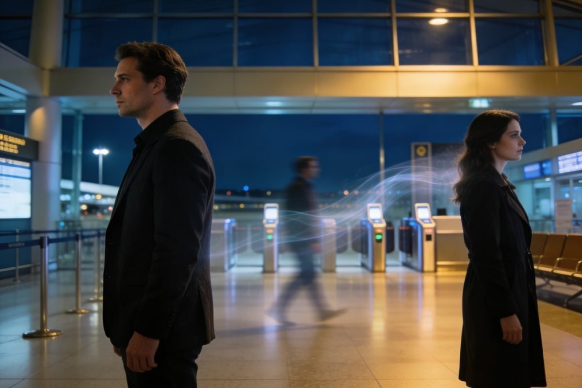 Casal em aeroporto simbolizando pessoas que desaparecem emocionalmente antes do término.