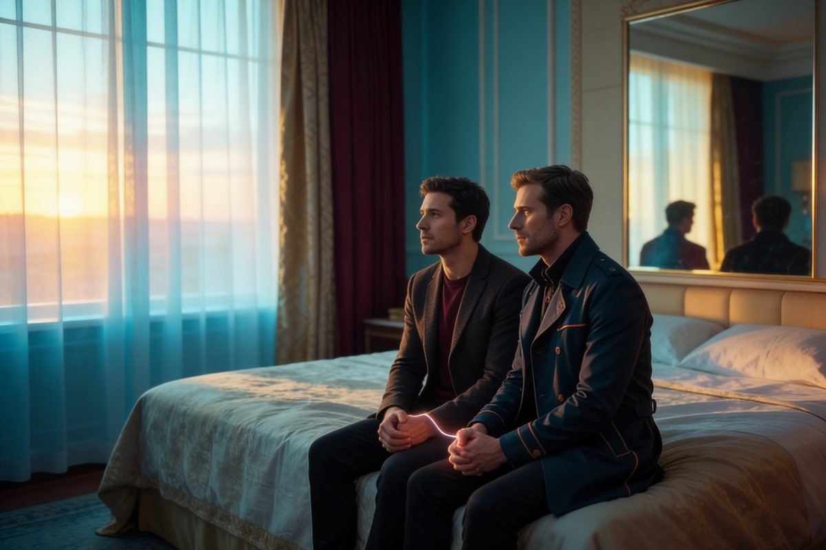 Casal homoafetivo em quarto de hotel representando desejo e vínculo e a angústia de amar.