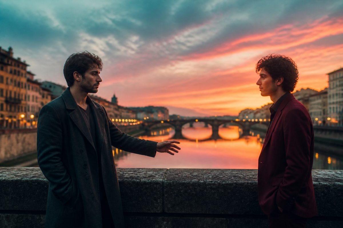 Casal homoafetivo em ponte europeia representando desejo e vínculo nos relacionamentos.