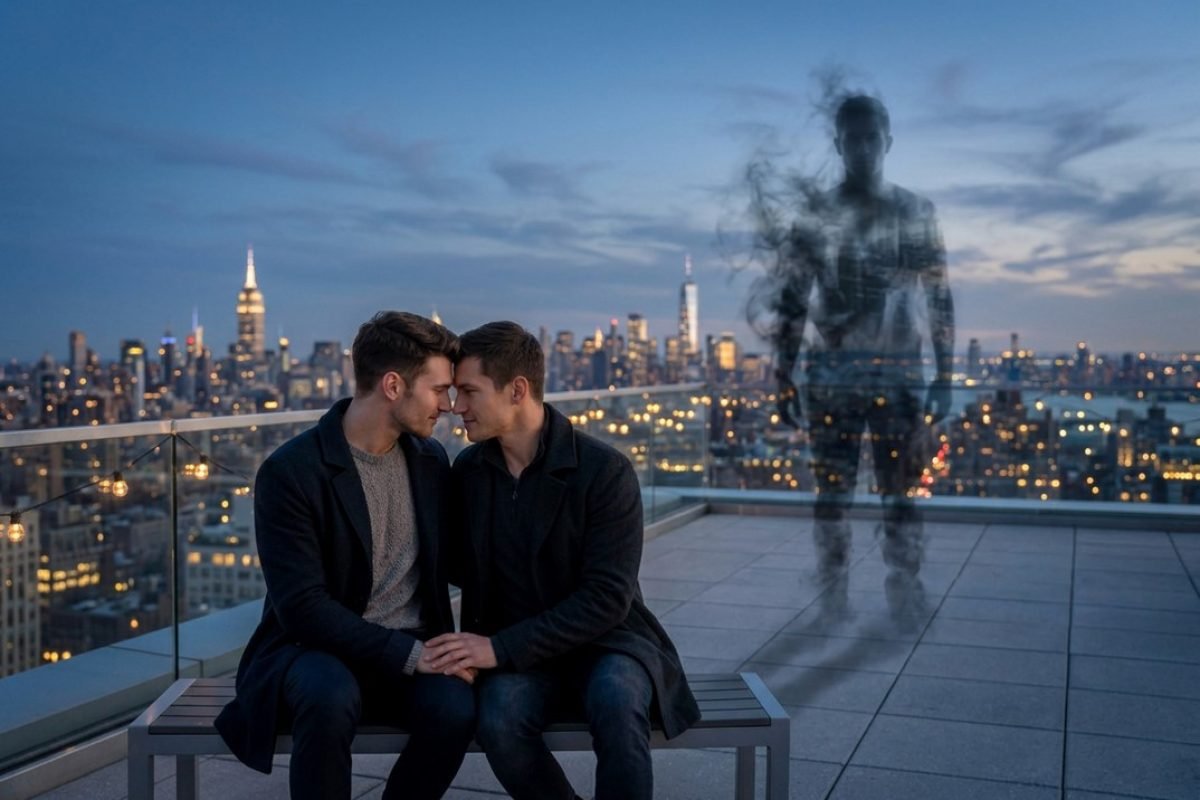 Dificuldade de confiar simbolizada por casal em rooftop de Nova York observado por sombra representando insegurança afetiva.