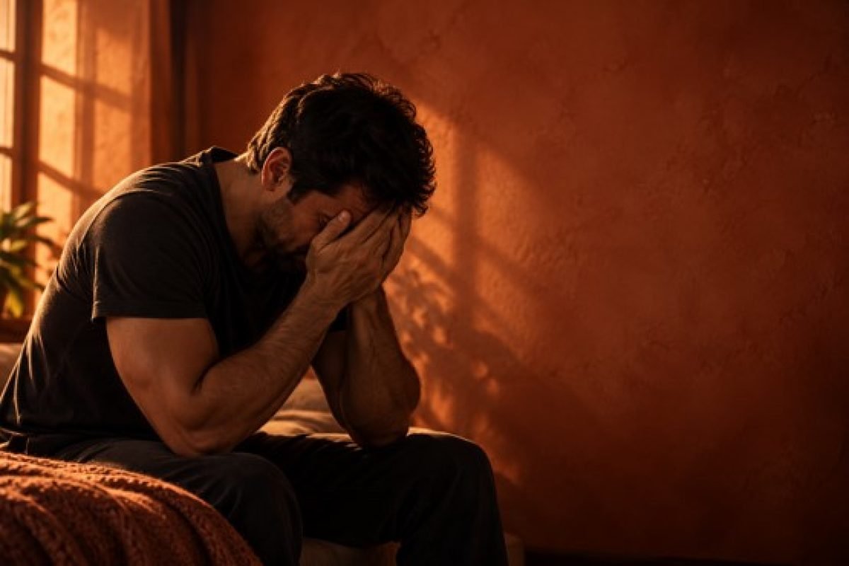 Homem sentado sozinho com o rosto nas mãos, expressando exaustão emocional, símbolo do custo de não pedir ajuda