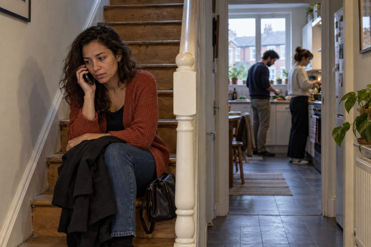 Dividir casa na Irlanda: mulher sentada na escada falando baixo ao telefone enquanto outros moradores cozinham ao fundo