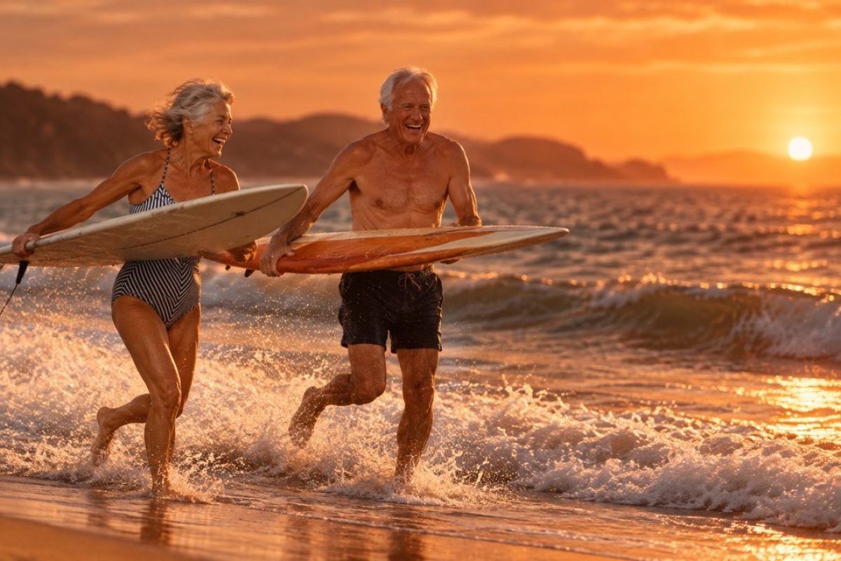 Casal de idosos sorridentes corre pela beira do mar ao entardecer, cada um carregando uma prancha de surfe, imagem de uma velhice ativa e acompanhada.