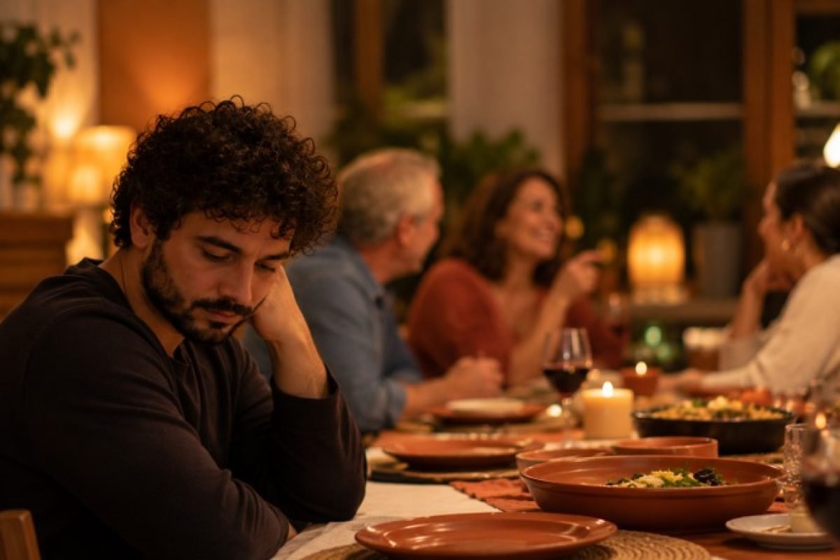 família não aceita, pessoa isolada emocionalmente em mesa de jantar familiar