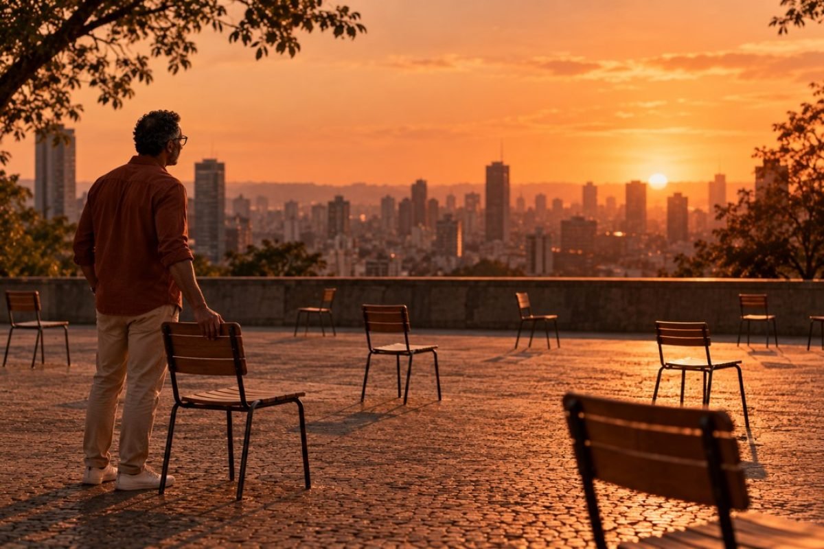 Fazer amigos depois dos 40: homem de meia-idade aproxima uma cadeira de outras espalhadas numa praça ao pôr do sol.